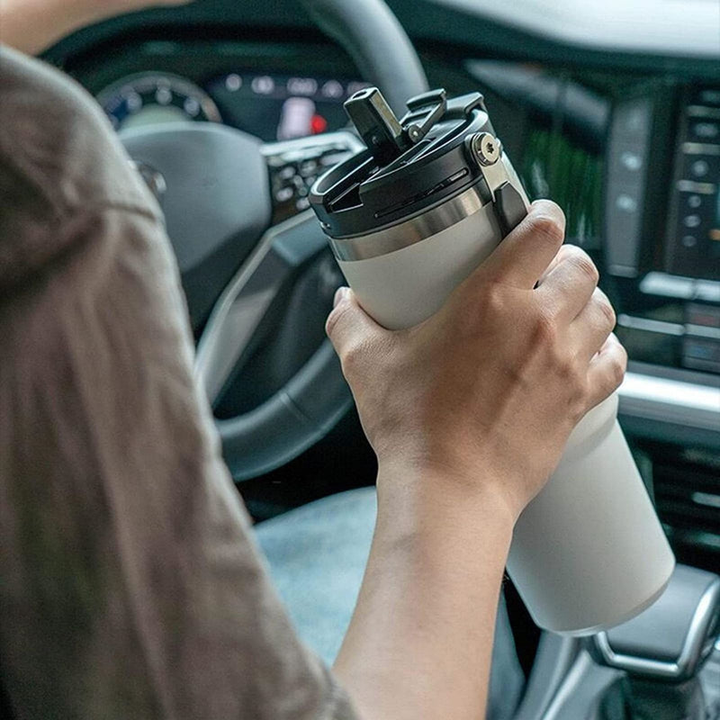 900ML White Stainless Steel Travel Mug with Leak-proof 2-in-1 Straw and Sip Lid, Vacuum Insulated Coffee Mug for Car, Office, Perfect Gifts, Keeps Liquids Hot or Cold