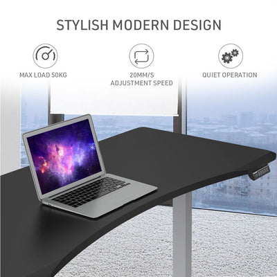 FORTIA Sit To Stand Up Standing Desk, 150x70cm, 72-118cm Electric Height Adjustable, Ergonomically Curved Edge, 50kg Rated, Black/Silver Frame