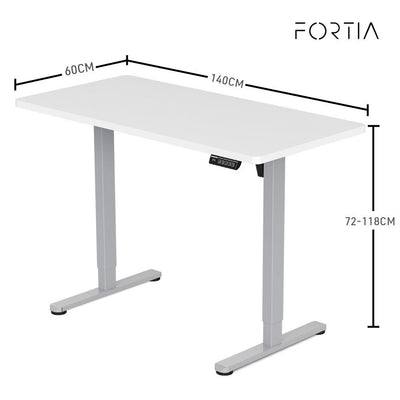 FORTIA Sit To Stand Up Standing Desk, 140x60cm, 72-118cm Electric Height Adjustable, 40kg Rated, White/Silver Frame