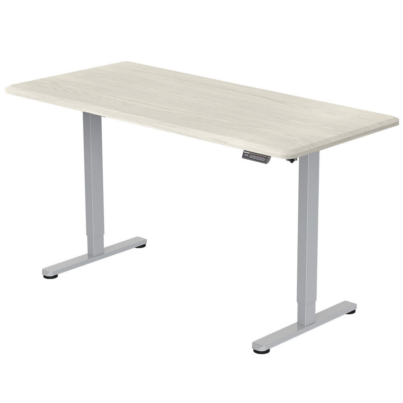 FORTIA Sit To Stand Up Standing Desk, 150x70cm, 72-118cm, Height Adjustable, 50kg Rated, White Oak Style/Silver Frame