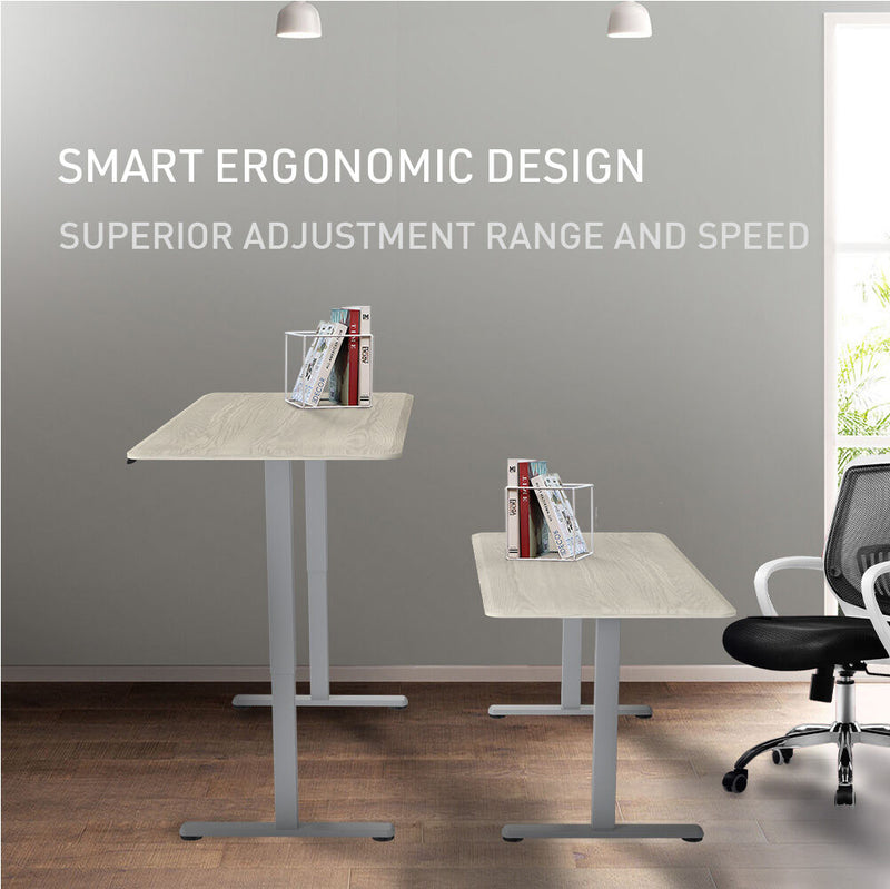 FORTIA Sit To Stand Up Standing Desk, 150x70cm, 72-118cm, Height Adjustable, 50kg Rated, White Oak Style/Silver Frame