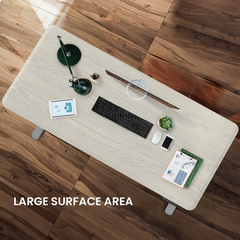 FORTIA Sit To Stand Up Standing Desk, 150x70cm, 72-118cm, Height Adjustable, 50kg Rated, White Oak Style/Silver Frame