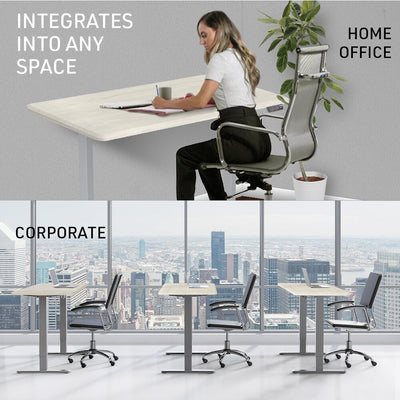 FORTIA Sit To Stand Up Standing Desk, 150x70cm, 72-118cm, Height Adjustable, 50kg Rated, White Oak Style/Silver Frame