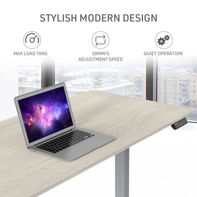 FORTIA Sit To Stand Up Standing Desk, 150x70cm, 72-118cm, Height Adjustable, 50kg Rated, White Oak Style/Silver Frame