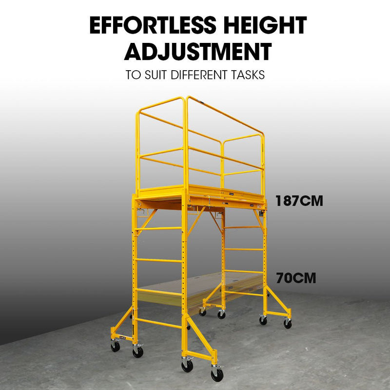 Baumr-AG 1.9 x 0.8 x 1.8m Adjustable Mobile Scaffold Platform, Guard Rail, Outrigger Wheel Set, Trapdoor Hatch
