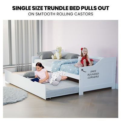 KINGSTON SLUMBER Wooden Single Sofa Bed Frame with Trundle Underbed - White