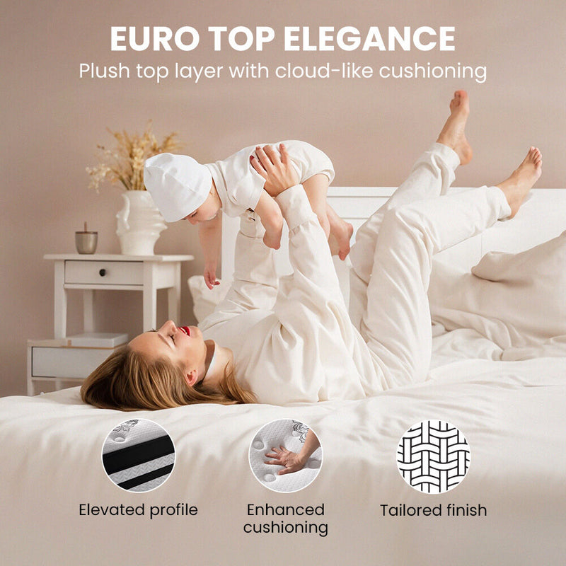 KINGSTON SLUMBER Luxury 34cm Single Mattress, Medium-Firm, Euro Top, 5-Zone Pocket Spring