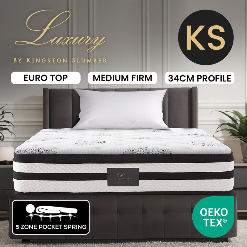 KINGSTON SLUMBER Luxury 34cm King Single Mattress, Medium-Firm, Euro Top, 5-Zone Pocket Spring