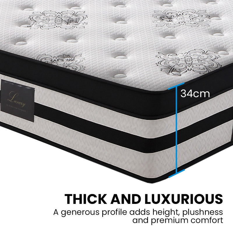 KINGSTON SLUMBER Luxury 34cm King Single Mattress, Medium-Firm, Euro Top, 5-Zone Pocket Spring