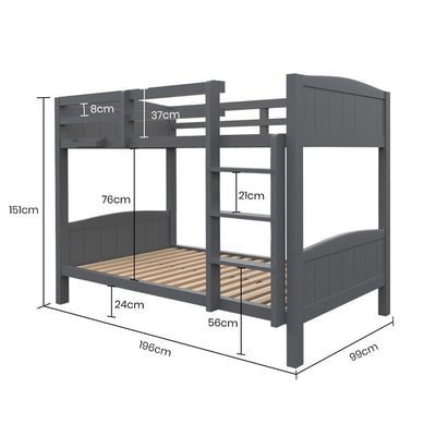 KINGSTON SLUMBER Single Bunk Bed Frame, Solid Pine 2-in-1 Modular Design Convert to 2 Single Beds, Grey