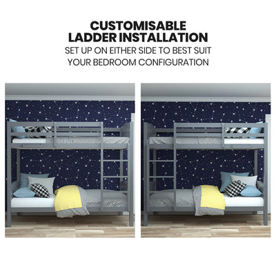 KINGSTON SLUMBER Single Bunk Bed Frame, Solid Pine 2-in-1 Modular Design Convert to 2 Single Beds, Grey