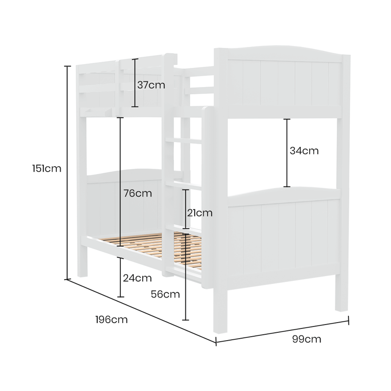 Kingston Slumber Single Bunk Bed Frame Solid Pine Wood Timber, Modular Design, White