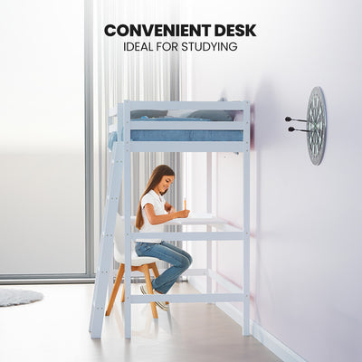 KINGSTON SLUMBER Wooden Kids Single Loft Bed Frame with Desk - White