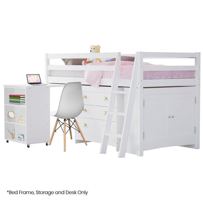 KINGSTON SLUMBER Wooden Kids Single Loft Bed Frame with Pull Out Desk, Storage Drawers, Cabinet - White