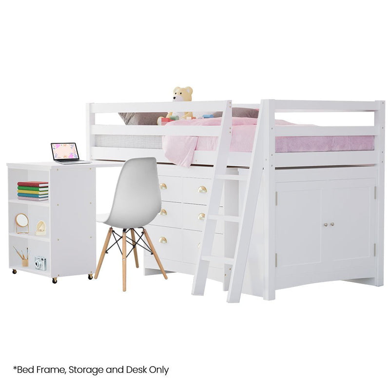 KINGSTON SLUMBER Wooden Kids Single Loft Bed Frame with Pull Out Desk, Storage Drawers, Cabinet - White