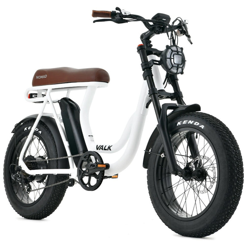 VALK Nomad Electric Fat Tyre Bike, 350W, 32km/hr, Throttle ebike, Disc Brakes, Step-Through Alloy, Shimano 7 spd, 20x4" Kenda Tyres, Suspension, White