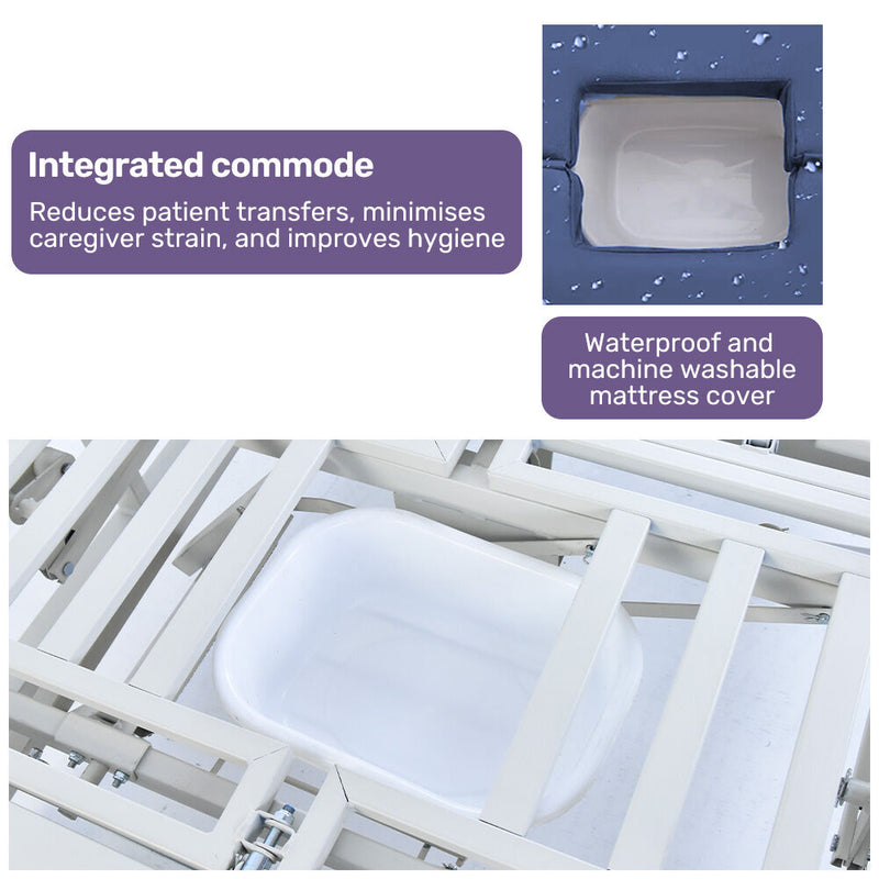 EQUIPMED Medical Bed, w/ Mattress & Over Bed Table, Back and Leg Lifting, Lateral Tilting, Commode Bowl, IV Pole, Home Aged Care or ICU Hospital