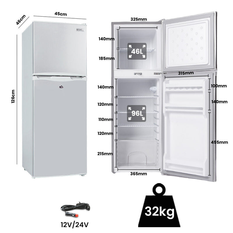 GECKO 142L Upright Portable Fridge / Freezer, 12V/24V/240V for Motorhome and Caravan, Silver