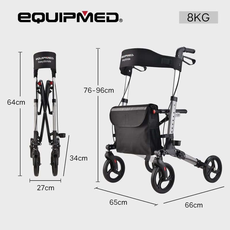 EQUIPMED Foldable Aluminium Walking Frame Rollator with Bag and Seat, Silver