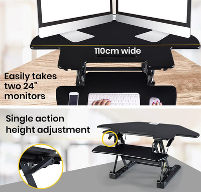 Fortia Corner Desk Riser 110cm Wide Adjustable Sit to Stand for Dual Monitor, Keyboard, Laptop, Black