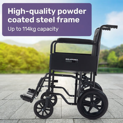 EQUIPMED Folding Transit Manual Wheelchair, Attendant Propelled, Steel Frame, Wide Seat, Comfortable for S-XL, 114kg Capacity, Park Brakes, Transport