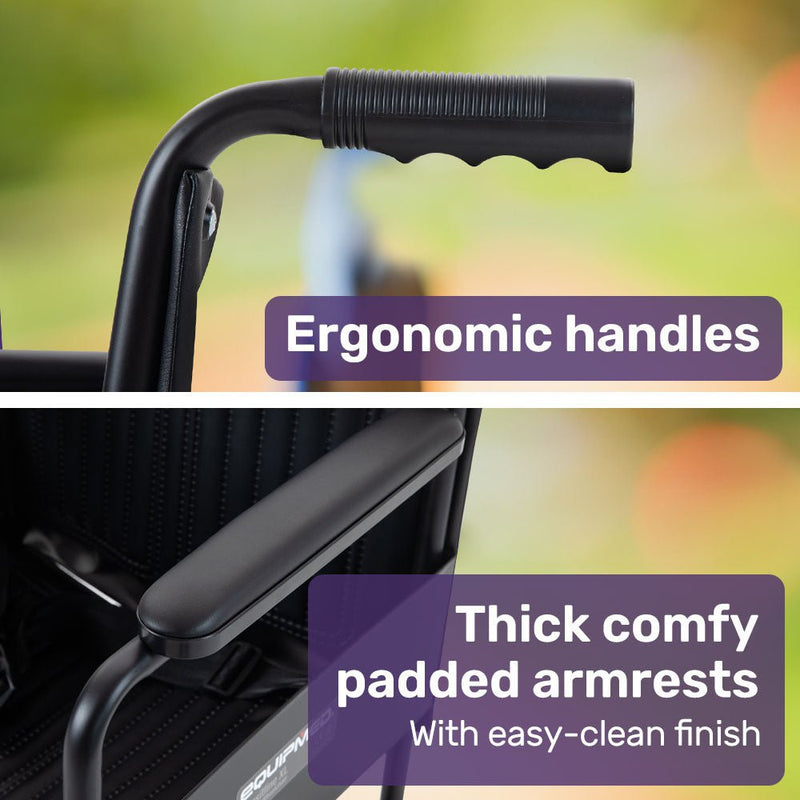 EQUIPMED Folding Transit Manual Wheelchair, Attendant Propelled, Steel Frame, Wide Seat, Comfortable for S-XL, 114kg Capacity, Park Brakes, Transport