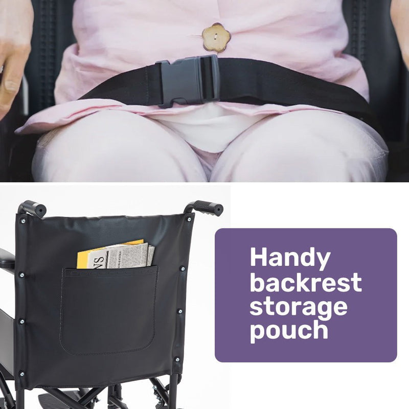 EQUIPMED Folding Transit Manual Wheelchair, Attendant Propelled, Steel Frame, Wide Seat, Comfortable for S-XL, 114kg Capacity, Park Brakes, Transport