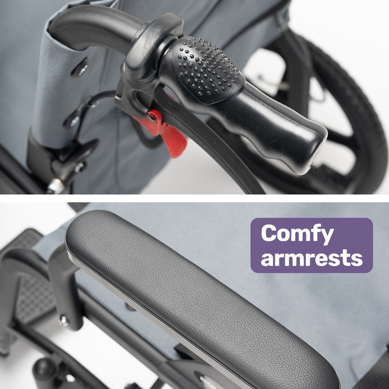 Equipmed Folding Transit Wheelchair, Lightweight Aluminium for Easy Transport, Grey