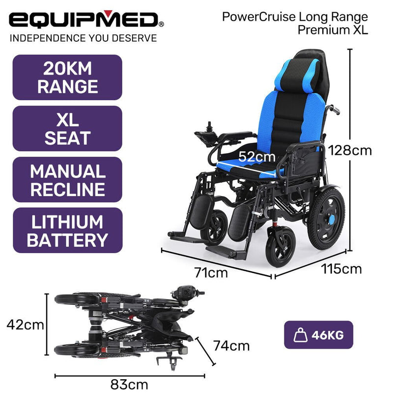 EQUIPMED Power Electric Wheelchair, Wide Bariatric Chair, Comfortable for S-XL, Long Range, Recline Adjustment, Lithium Battery, 16&