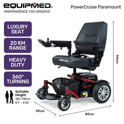 Equipmed Heavy Duty Electric Wheelchair, Up to 20km Range, Ultra-Comfortable, Safe Stable Non-Slip Anti-Roll Back Power Chair, Red