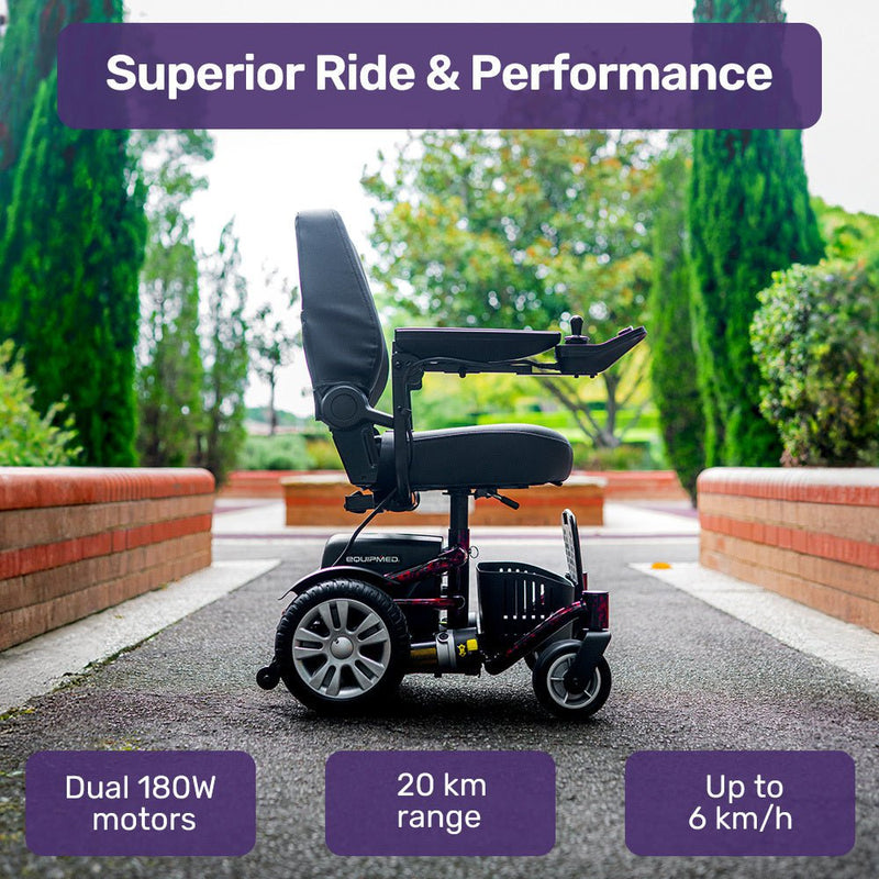 Equipmed Heavy Duty Electric Wheelchair, Up to 20km Range, Ultra-Comfortable, Safe Stable Non-Slip Anti-Roll Back Power Chair, Red