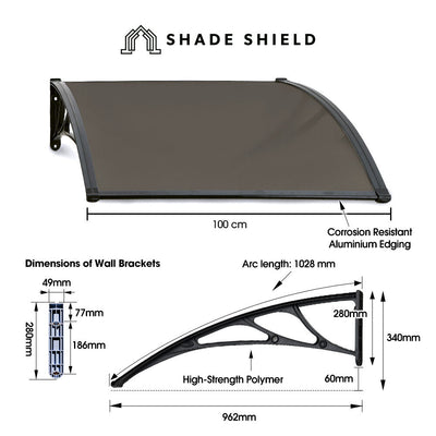 SHADE SHIELD 1x1m Aluminium Exterior Awning, Black DIY External UV Rain Protection Grey Tinted Polycarbonate Canopy Cover