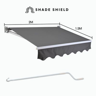 Shade Shield 2 x 1.5M Retractable Grey Folding Arm Awning, Powder Coated 6063 Aluminium, with Hand Crank, for Outdoor Patio