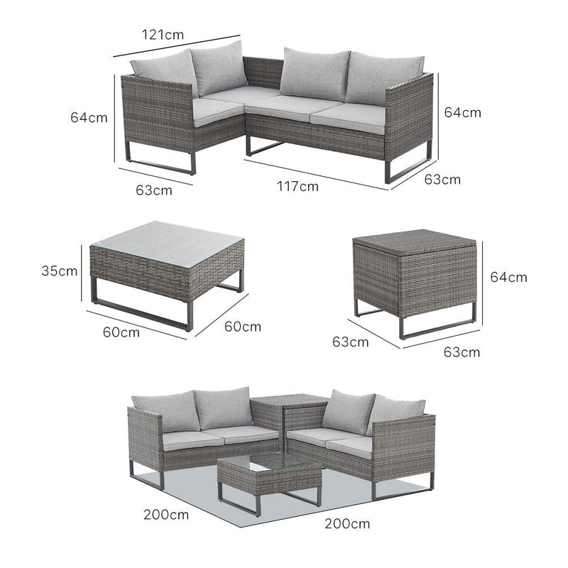 LONDON RATTAN 4 pc Outdoor Furniture Setting, 4 Seater Lounge, Chairs, Coffee Table and Storage Box, for Outdoors Garden Patio, Grey