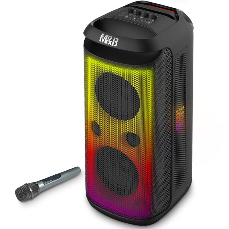 M&B Portable Splash Proof 120W Bluetooth Party Speaker with Karaoke Microphone, IPX4, TWS Pairing, Multi-Input, Lithium Battery, RGB, USB Charging