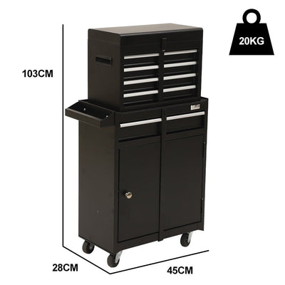 BULLET Pro 5 Drawer Tool Box Cabinet Chest Storage, with 1-Door Toolbox Garage Organiser Set, Black