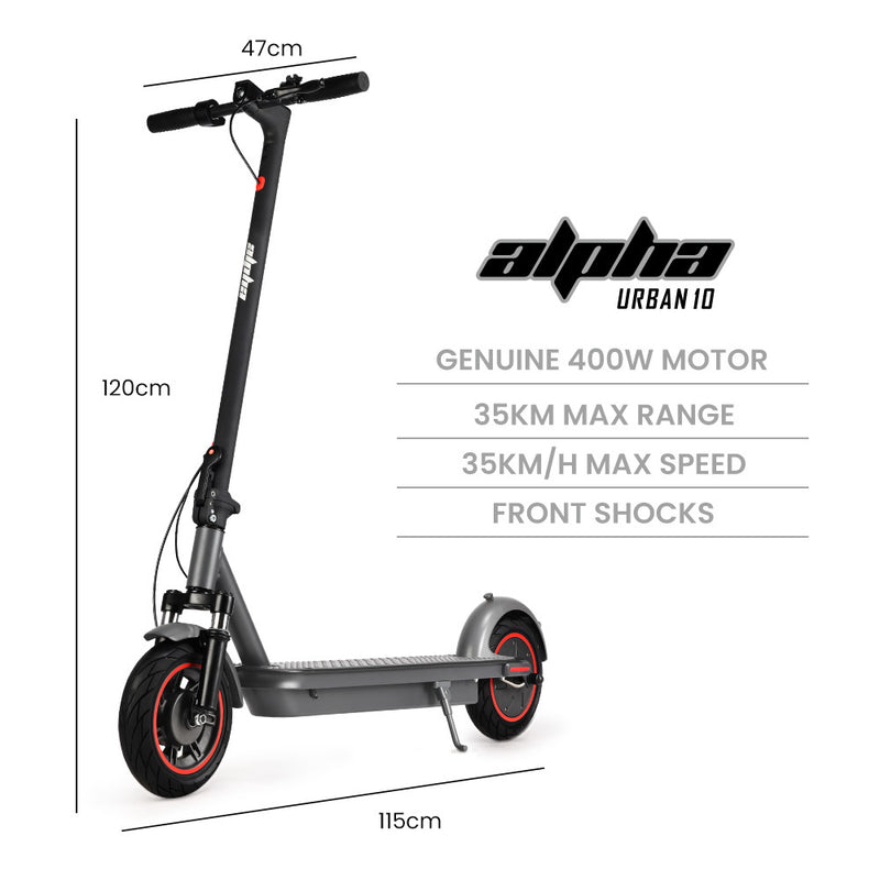 ALPHA Urban 10 Electric Scooter, 35km/h, Suspension, 35km Range, 10-Inch Wheels, Brushless Motor, Free APP, Motorised Commuter eScooter for Adults, Grey