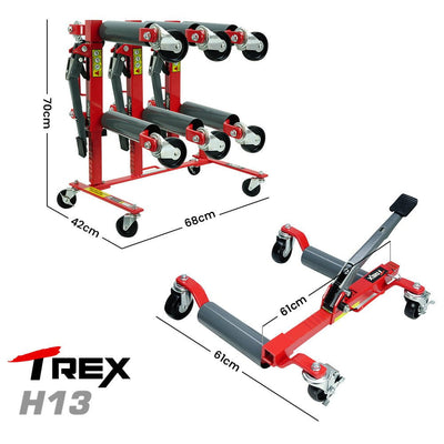 T-Rex 2360kg Set of 4 Vehicle Positioning Jacks with Rack Stand, Mechanical Ratcheting Foot Pedal Wheel Dolly For Auto Car Moving