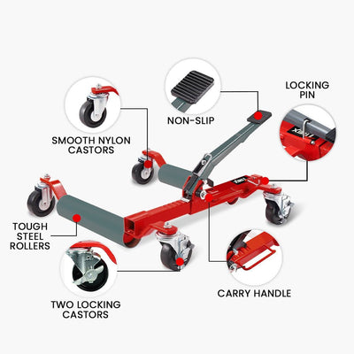 T-Rex 2360kg Set of 4 Vehicle Positioning Jacks with Rack Stand, Mechanical Ratcheting Foot Pedal Wheel Dolly For Auto Car Moving