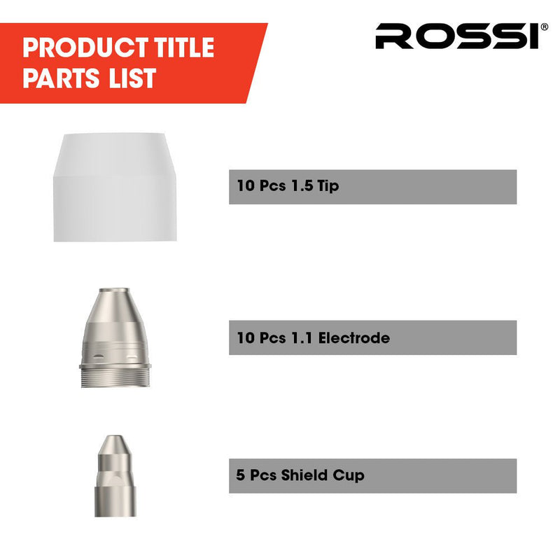 ROSSI 25pc Consumables Kit to Suit P-80 Plasma Cutter Torch, Includes Tips, Electrodes