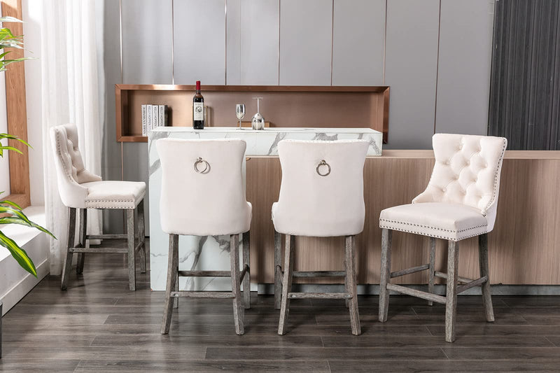6X Velvet Bar Stools with Studs Trim Wooden Legs Tufted Dining Chairs Kitchen