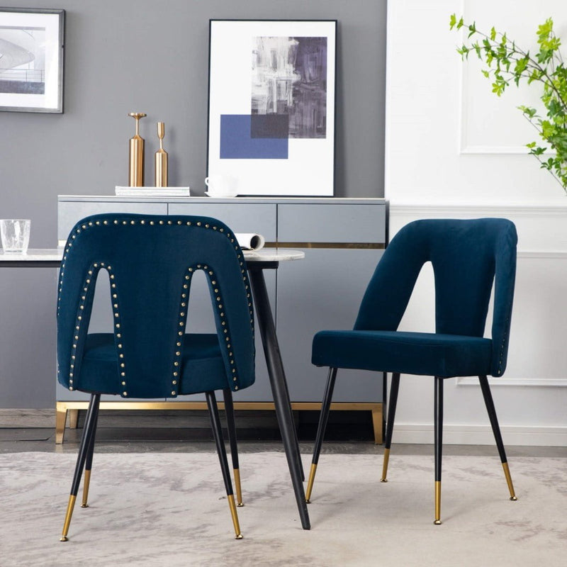 AADEN 2x Velvet Dining chairs with Metal Legs-Blue