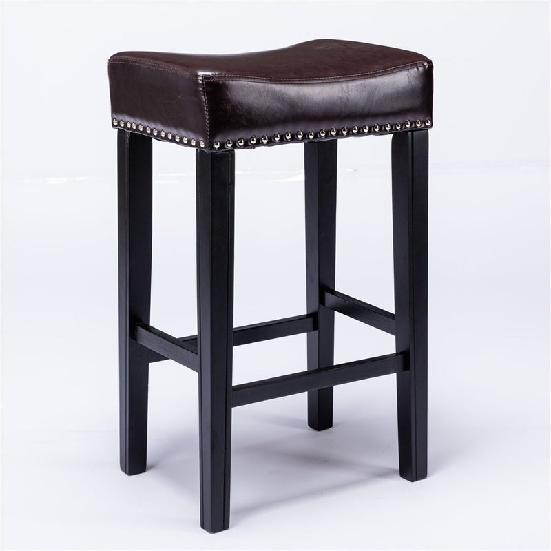 2x Wooden Legs Saddle Bar Stools Leather Padded Counter Chairs with studs 74.5cm Height