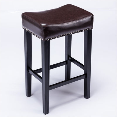 2x Wooden Legs Saddle Bar Stools Leather Padded Counter Chairs with studs 74.5cm Height