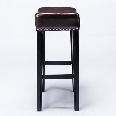 2x Wooden Legs Saddle Bar Stools Leather Padded Counter Chairs with studs 74.5cm Height