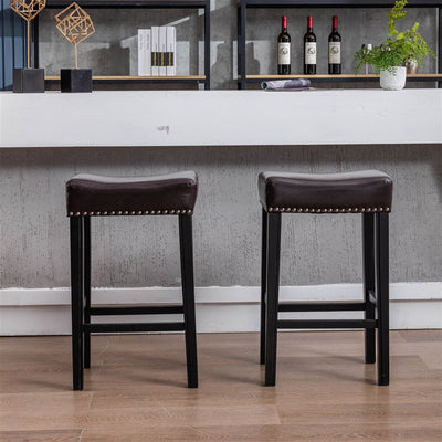 2x Wooden Legs Saddle Bar Stools Leather Padded Counter Chairs with studs 74.5cm Height