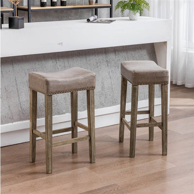 2x Wooden Legs Saddle Bar Stools Leather Padded Counter Chairs with studs 74.5cm Height