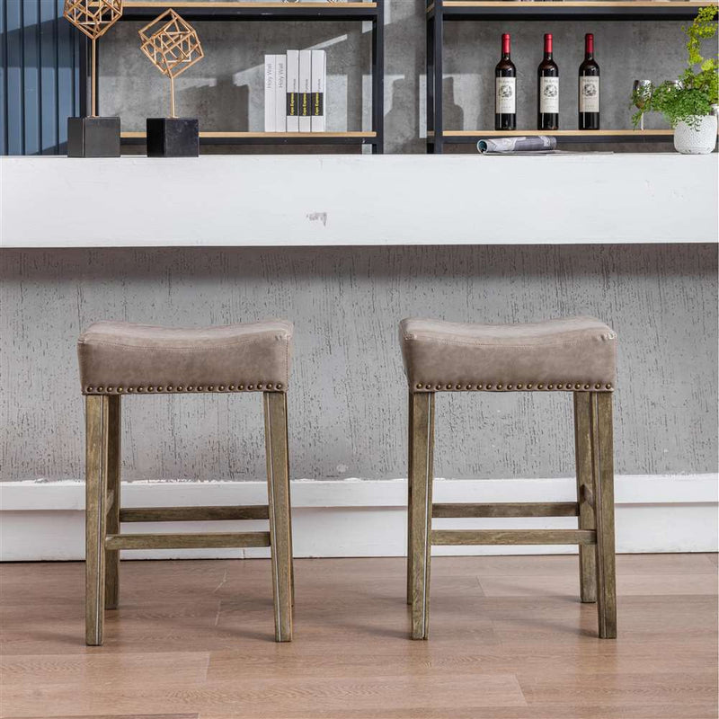 2x Wooden Legs Saddle Bar Stools Backless Leather Padded Counter Chairs 66cm Height