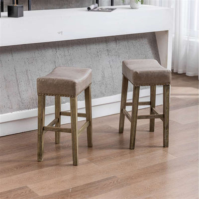 2x Wooden Legs Saddle Bar Stools Backless Leather Padded Counter Chairs 66cm Height