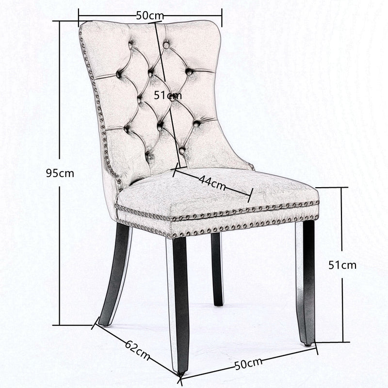 6x Velvet Dining Chairs Upholstered Tufted Kithcen Chair with Solid Wood Legs Stud Trim and Ring-Gray